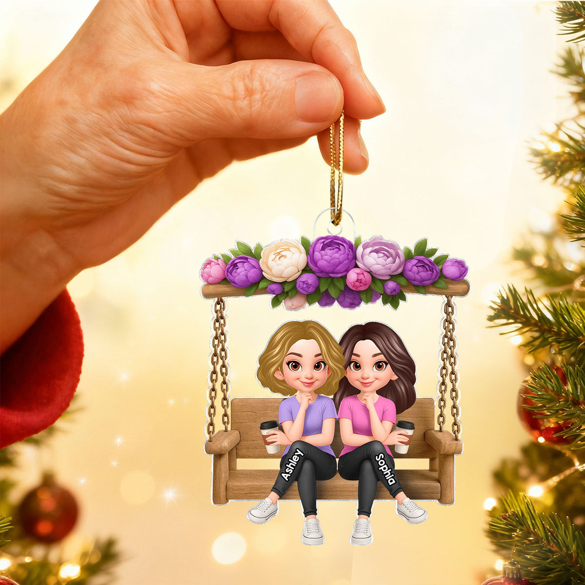 Christmas Besties Sisters On Flower Swing - Personalized Acrylic Ornament