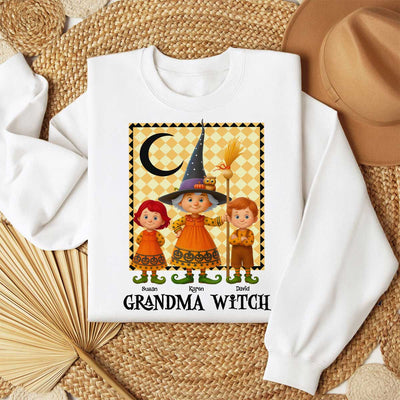 Grandma Witch & Cute Grandkids Personalized Sweatshirt, Halloween Cozy Fall Sweatshirt for Grandma