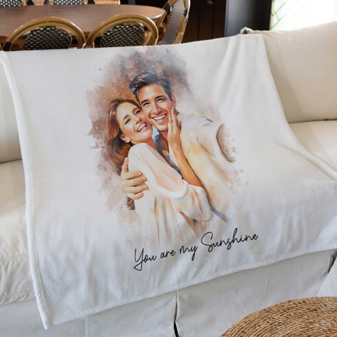 Watercolor Couple Portrait from Photo, Custom Wedding Anniversary Christmas Gift for Wife Husband Parents, Personalized Fleece Blanket