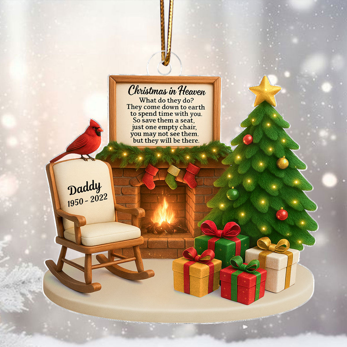 Christmas In Heaven Cardinal On Chair 3D Effect Personalized Acrylic Ornament, Heartwarming Memorial Sympathy Gift