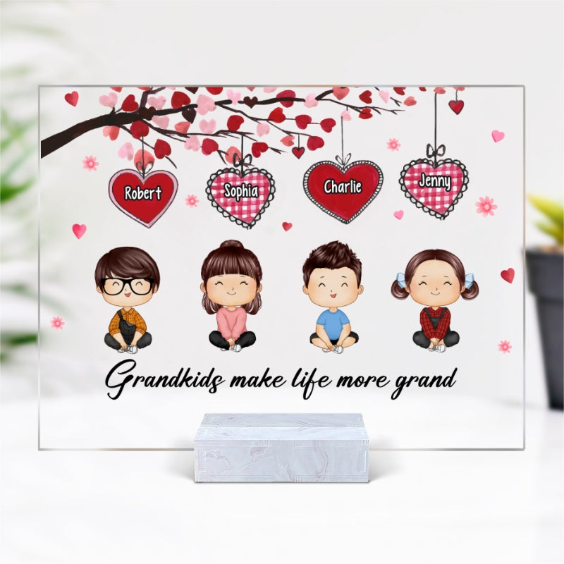 Grandkids Make Life More Grand Doll Kids Watercolor Styles Under Heart Tree Personalized Acrylic Plaque