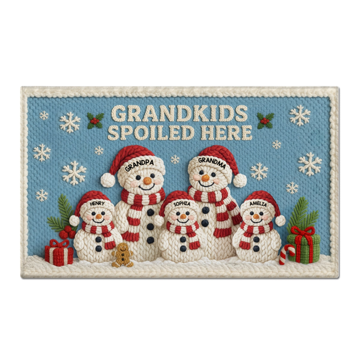 Grandma Grandpa Grandkids Snowman Crochet Faux Yarn Texture - Personalized Doormat - Christmas Decoration