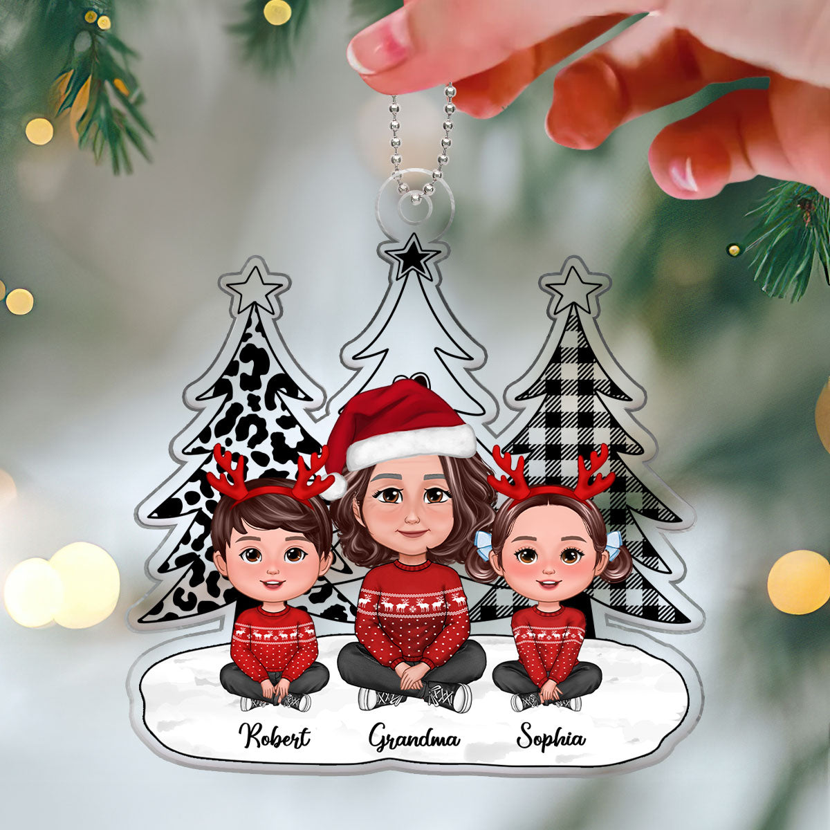 Black White Leopard Checkered Christmas Tree Grandma Grandkids Personalized Acrylic Ornament