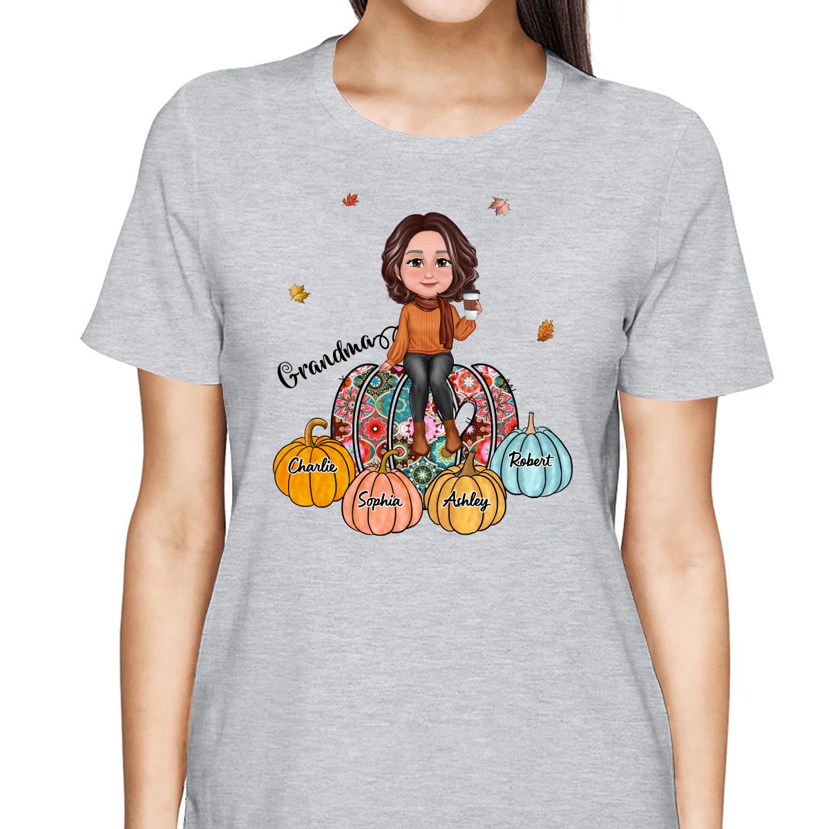 Colorful Patterned Pumpkids Grandma And Kid Names Personalized Shirt