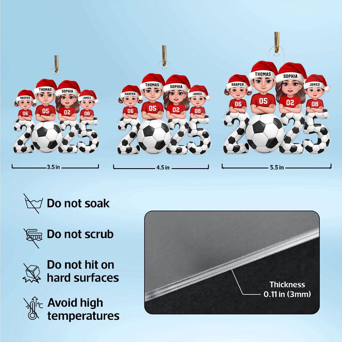 3D Effect Christmas Soccer Family - Personalized Acrylic Ornament