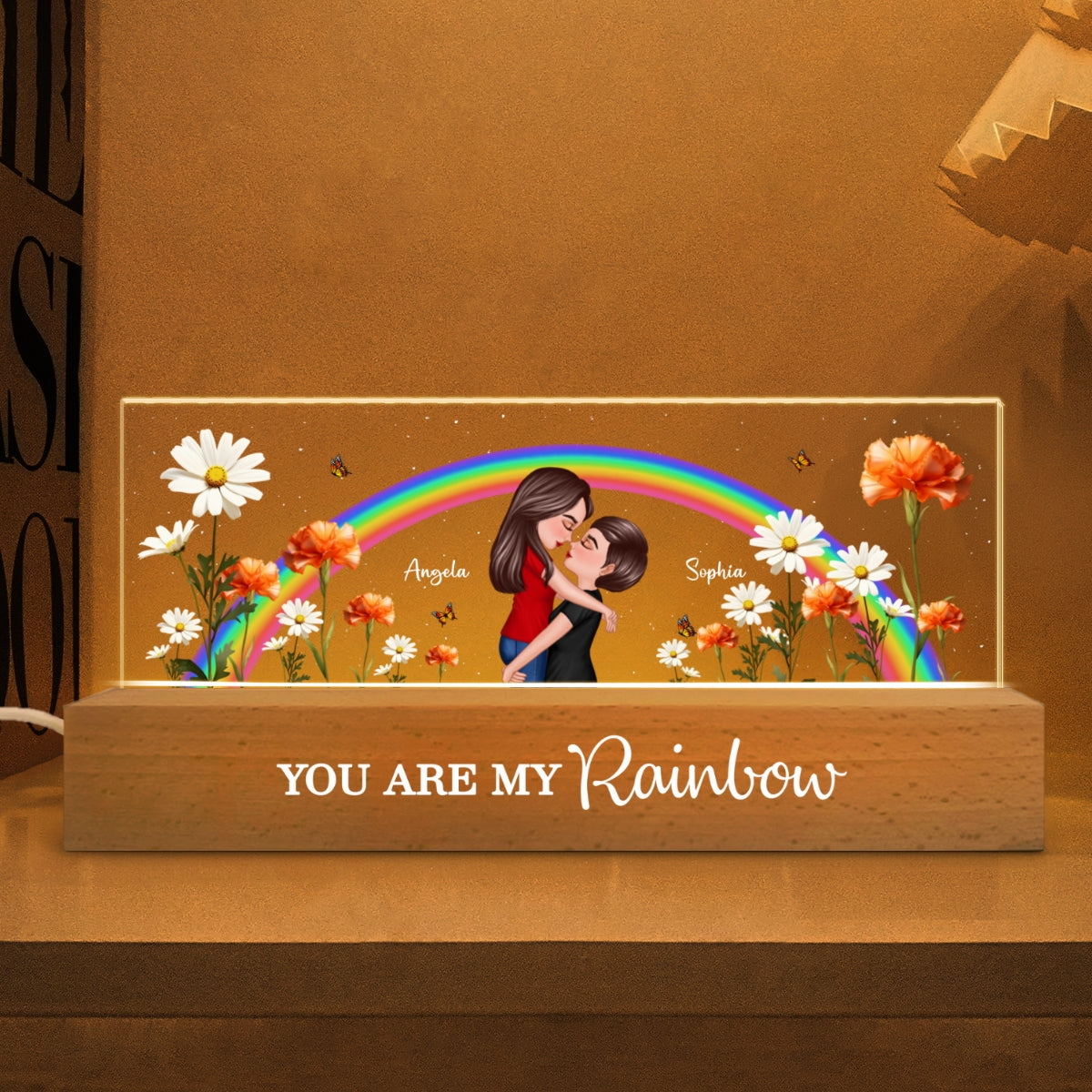 LGBTQ Couple Hugging Kising Birth Month Flower Personalized Acrylic Block LED Night Light