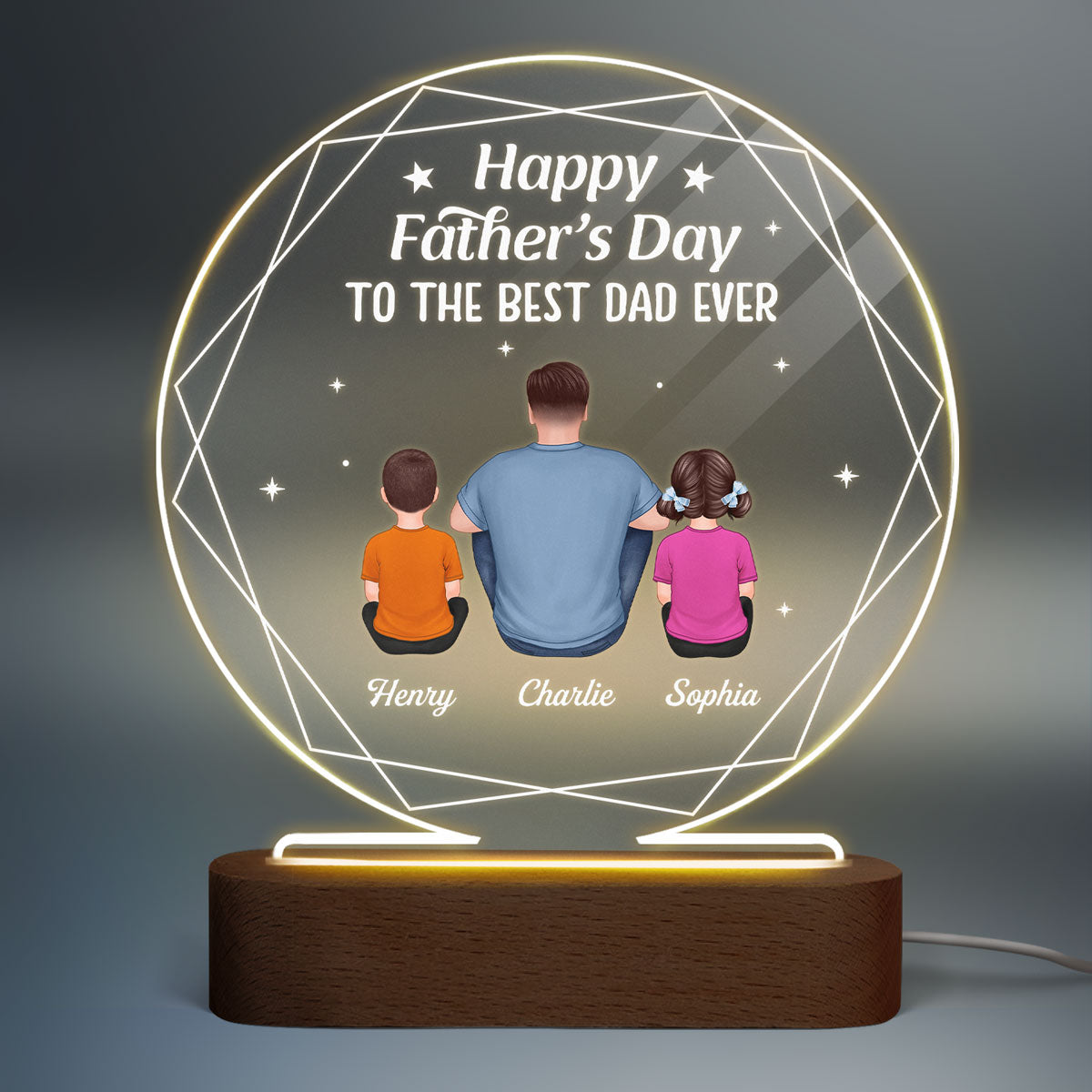 Hexagon Frame Best Dad Ever Back View Man Sitting With Kids Dogs Cats Personalized Circle Acrylic Plaque LED Night Light