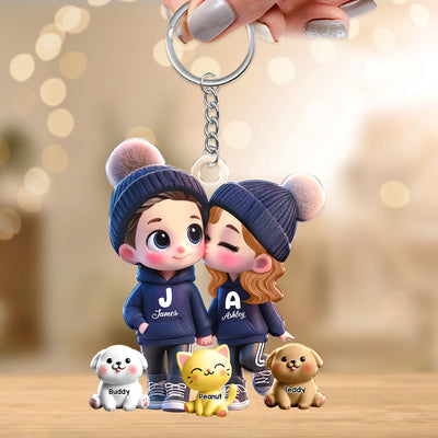 3D Effect Cute Cartoon Couple You Me And The Dog Cat Personalized Acrylic Keychain,  Unique Valentine's Day Gift For Him, Gift For Her