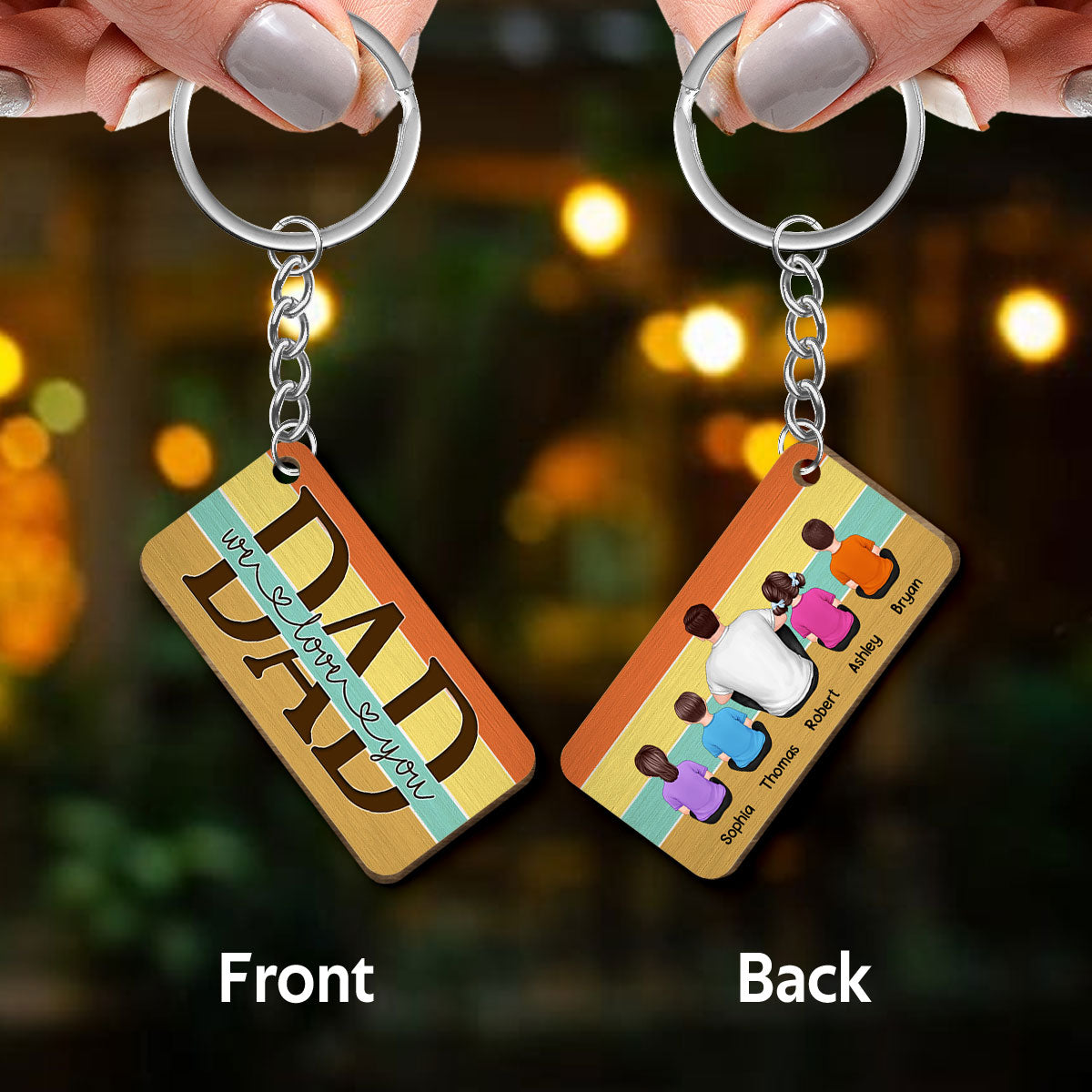 Best Dad Ever Back View Sitting Man & Kids Dog Cat Retro Personalized Wooden Keychain