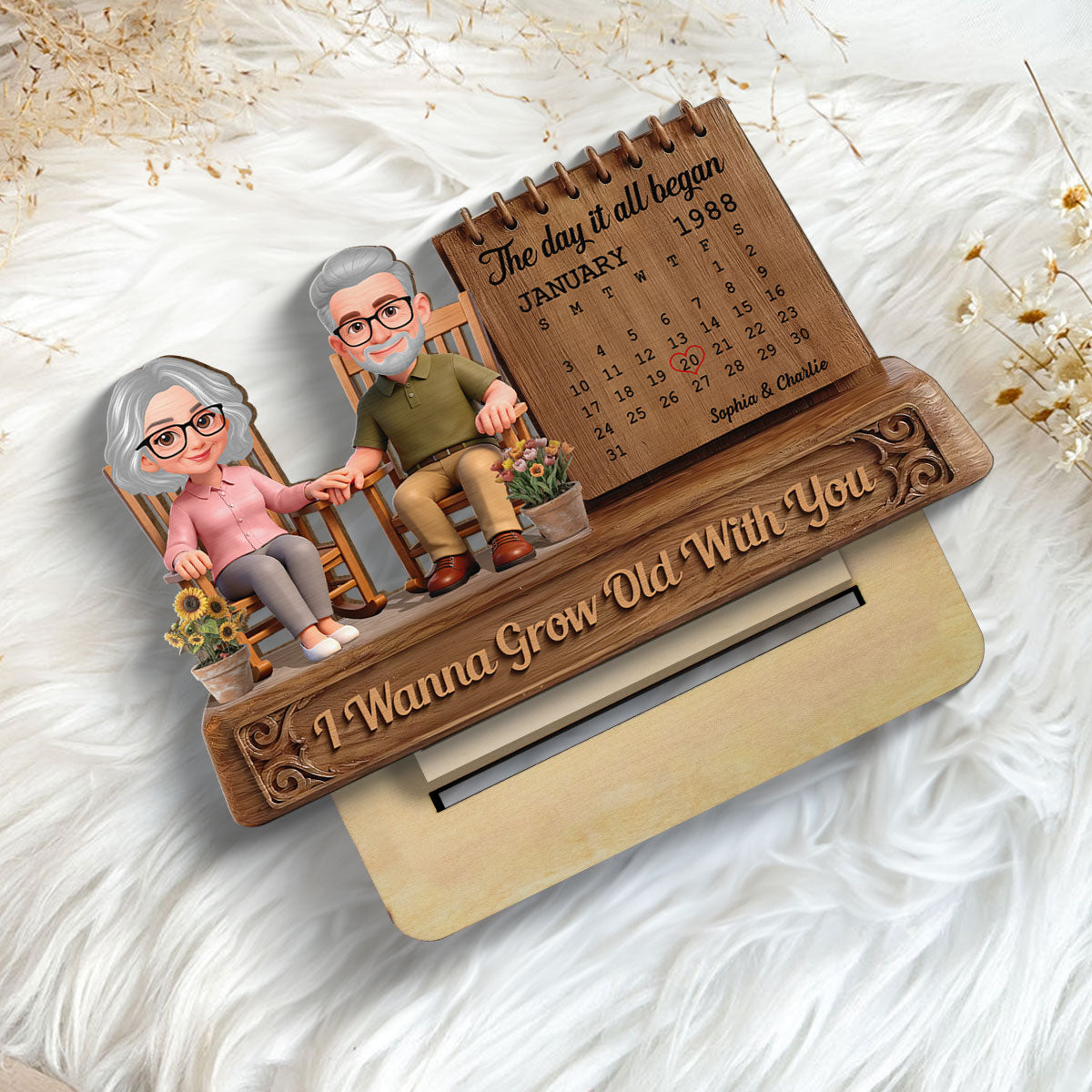 3D Effect Old Couple Sitting On Rocking Chair Anniversary Date Calendar - Personalized 2-Layered Wooden Plaque