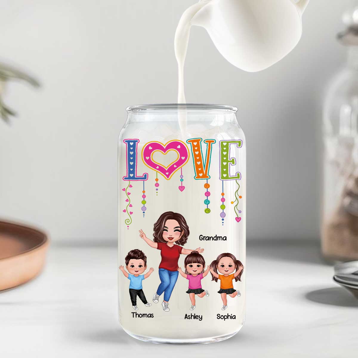 LOVE Happy Doll Grandma With Kids Personalized Clear Glass Can