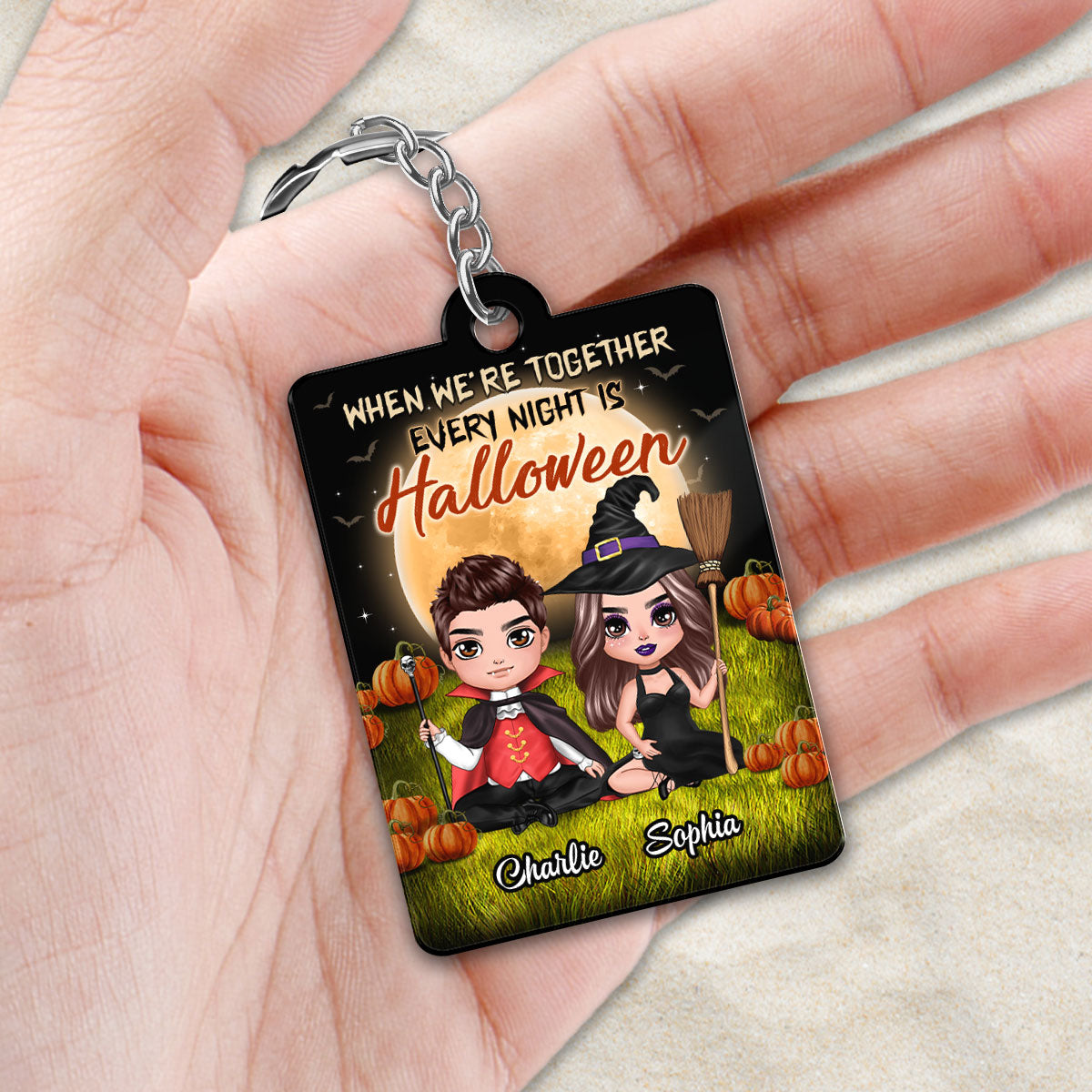 Halloween Night Doll Couple Sitting Favorite Song Scannable QR Code Personalized Acrylic Keychain