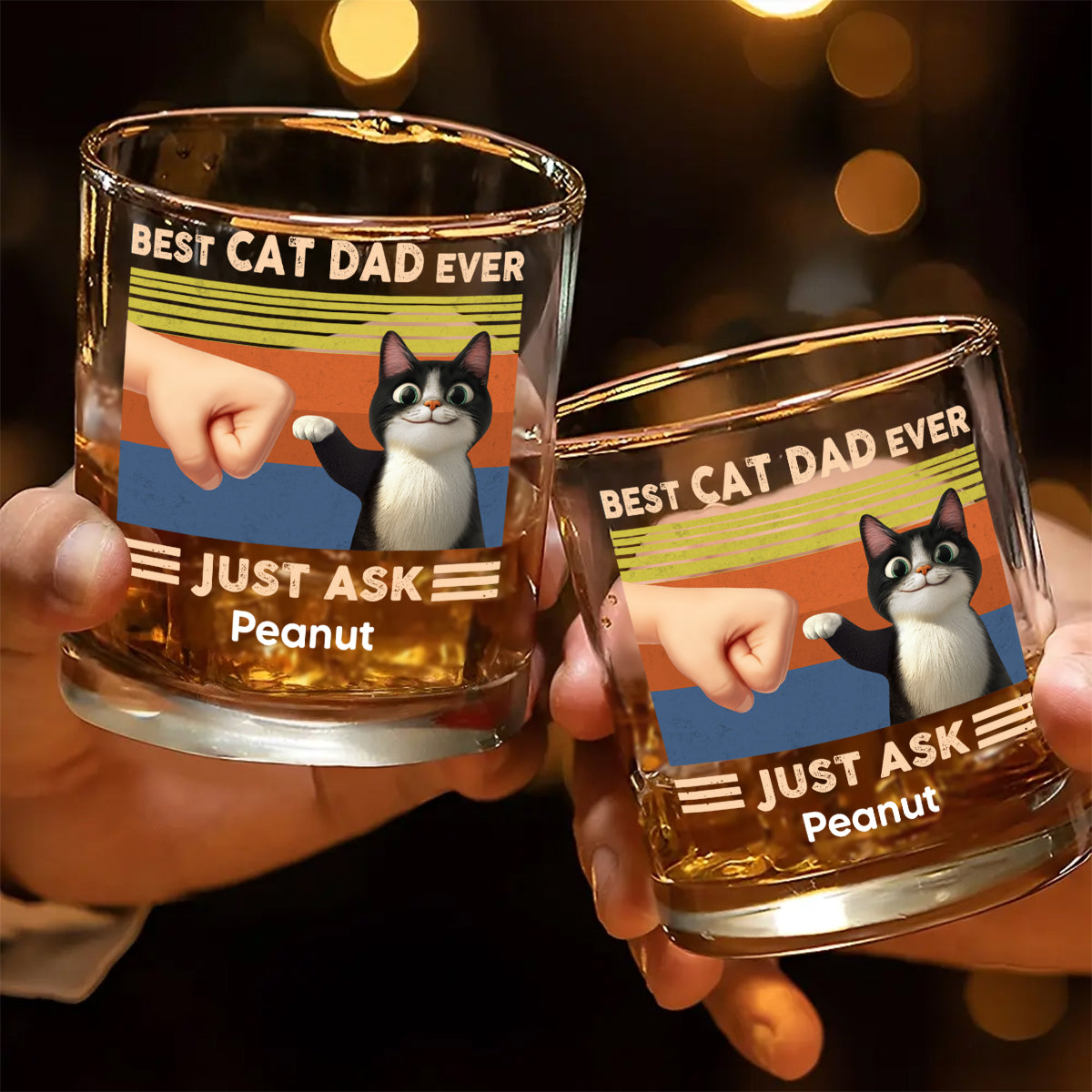 Best Cat Dad Cute Cartoon Cats Personalized Whiskey Glass, Father's Day Gift for Cat Dads