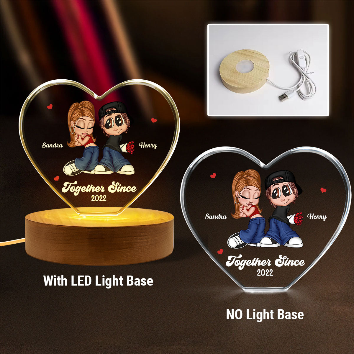 Y2K Couple Personalized Premium Crystal Heart LED, Gift For Him, Gift For Her