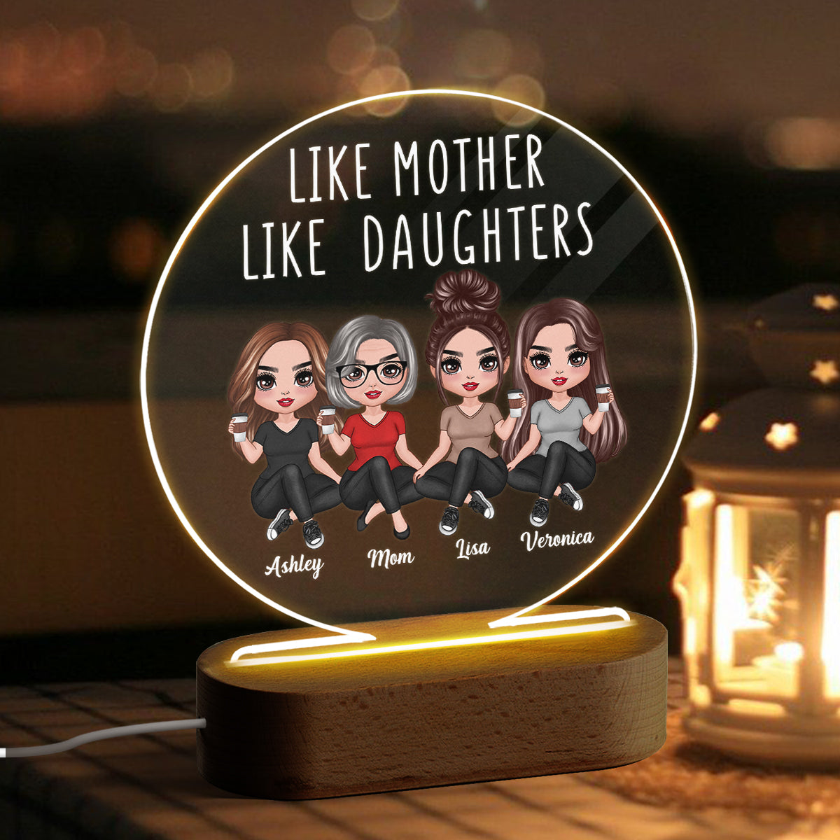 Doll Women Sitting Like Mother Like Daughter Personalized Circle Acrylic Plaque LED Night Light