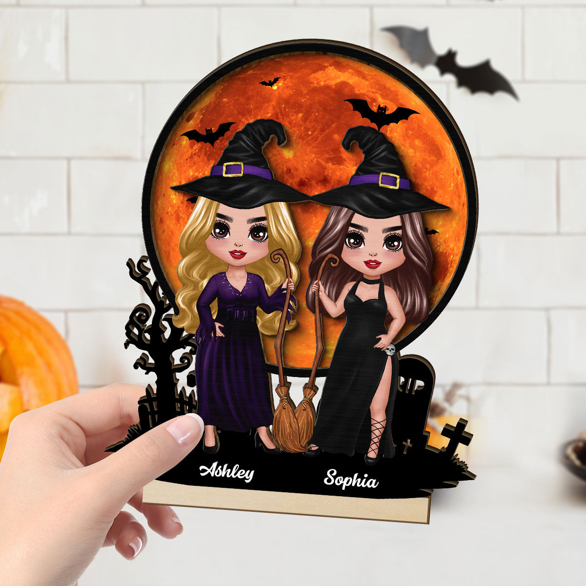 Witch Besties Halloween Moon Tabletop Tier Tray Wicca Pagan Decor Personalized 2-Layer Standing Wooden Plaque