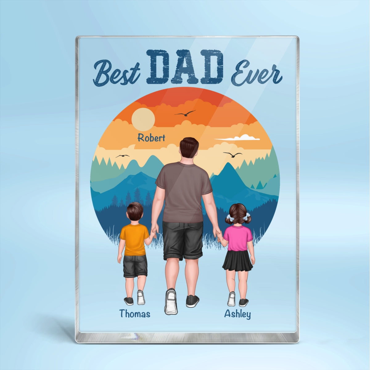 Best Dad Ever Walking Dad And Kids Retro Background Personalized Rectangle Acrylic Block Plaque