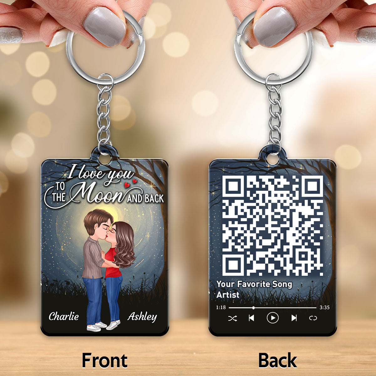 Moon Night Doll Couple Kissing Favorite Song Scannable QR Code Personalized Acrylic Keychain