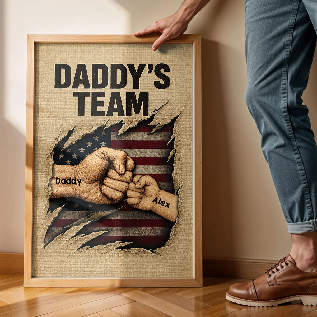 Daddy's Team Fist Bump Torned Flag Personalized Poster, Father's Day Gift for Dad