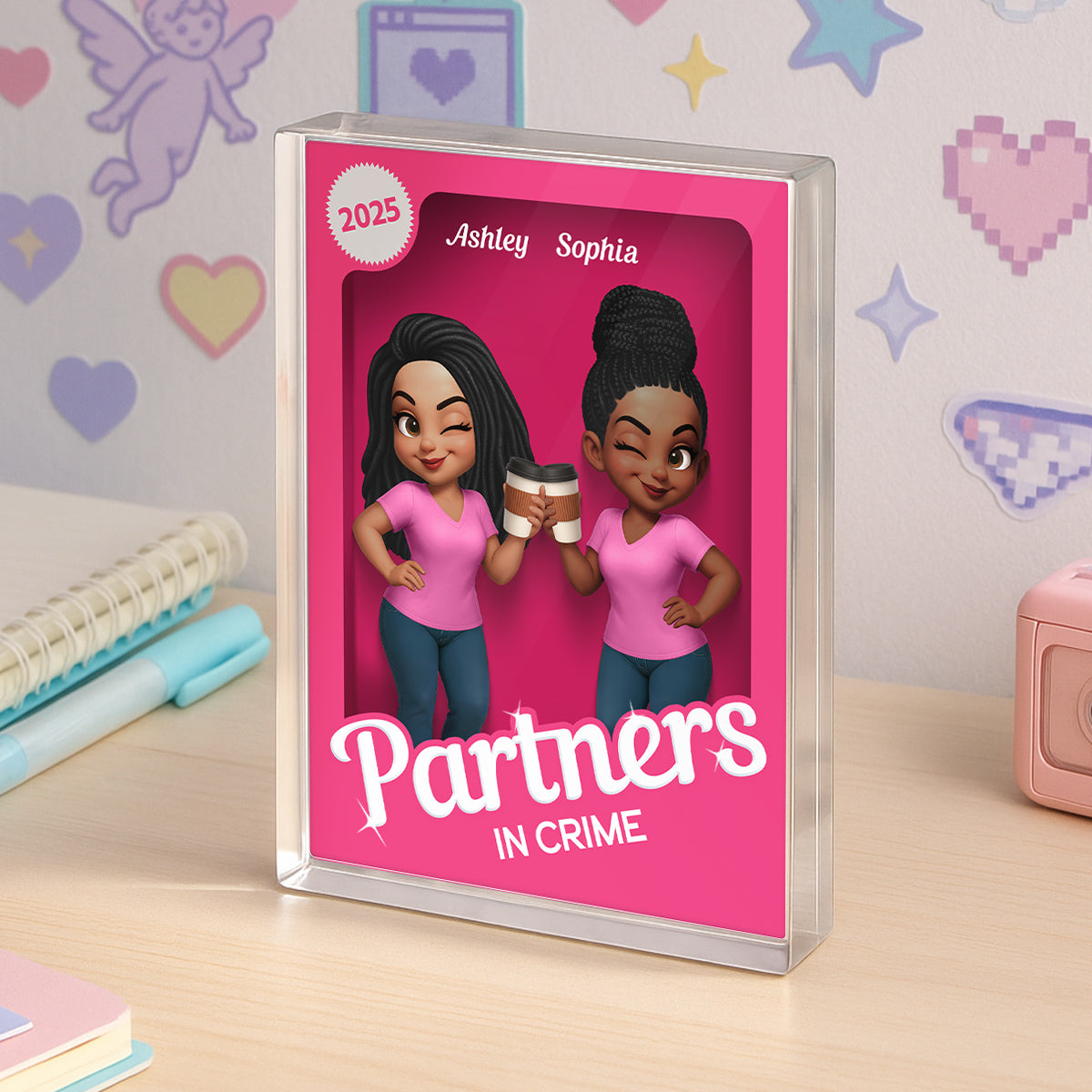 Besties Forever Pink 3D Effect Action Figure – Personalized Acrylic Block Plaque – Gift for Best Friends