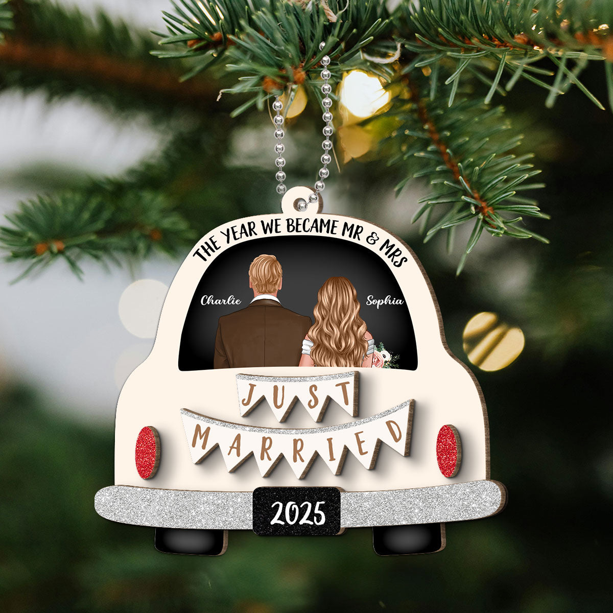 Groom & Bride In Car Personalized 2-Layer Wooden Ornament | Just Married Newlyweds Marriage Keepsake