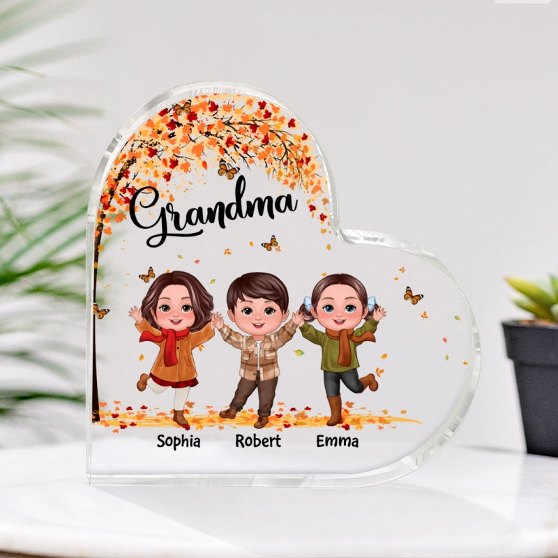 Happy Doll Kids Under Fall Tree Personalized Heart Acrylic Plaque