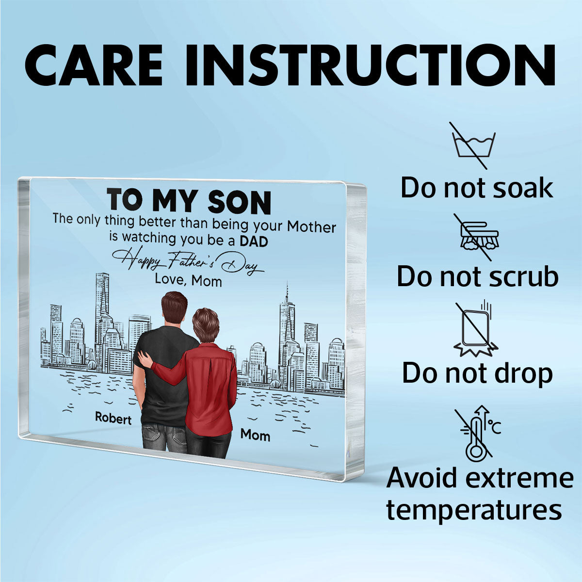 To My Son From Mom Happy Father's Day Skyline Personalized Rectangle Acrylic Block Plaque