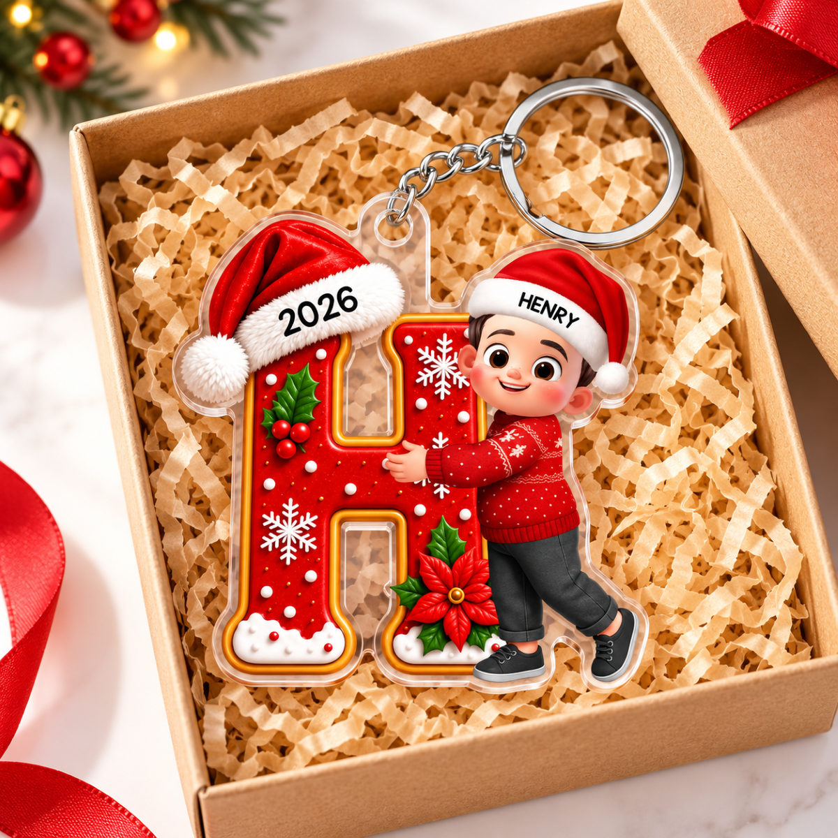 Joyful Christmas Letter Hug - Personalized Acrylic Keychain - Gift For Boys, Girls, Grandkids