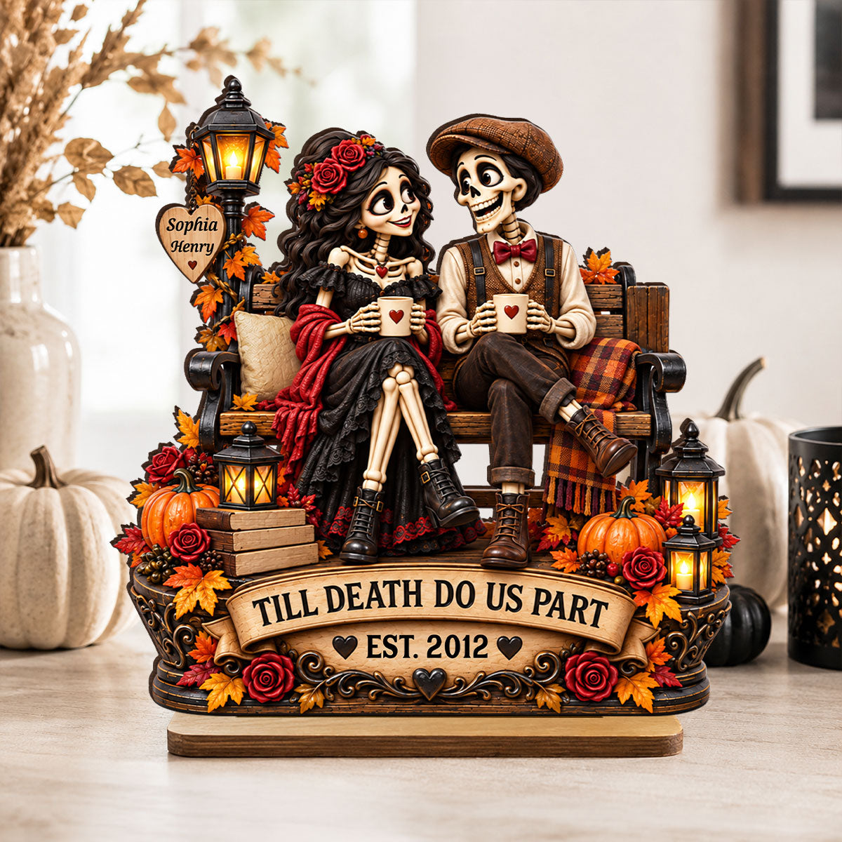Till Death Do Us Part Fall Halloween Skeleton Couple - Personalized 2-Layered Wooden Plaque - Gift for Him, Gift for Her