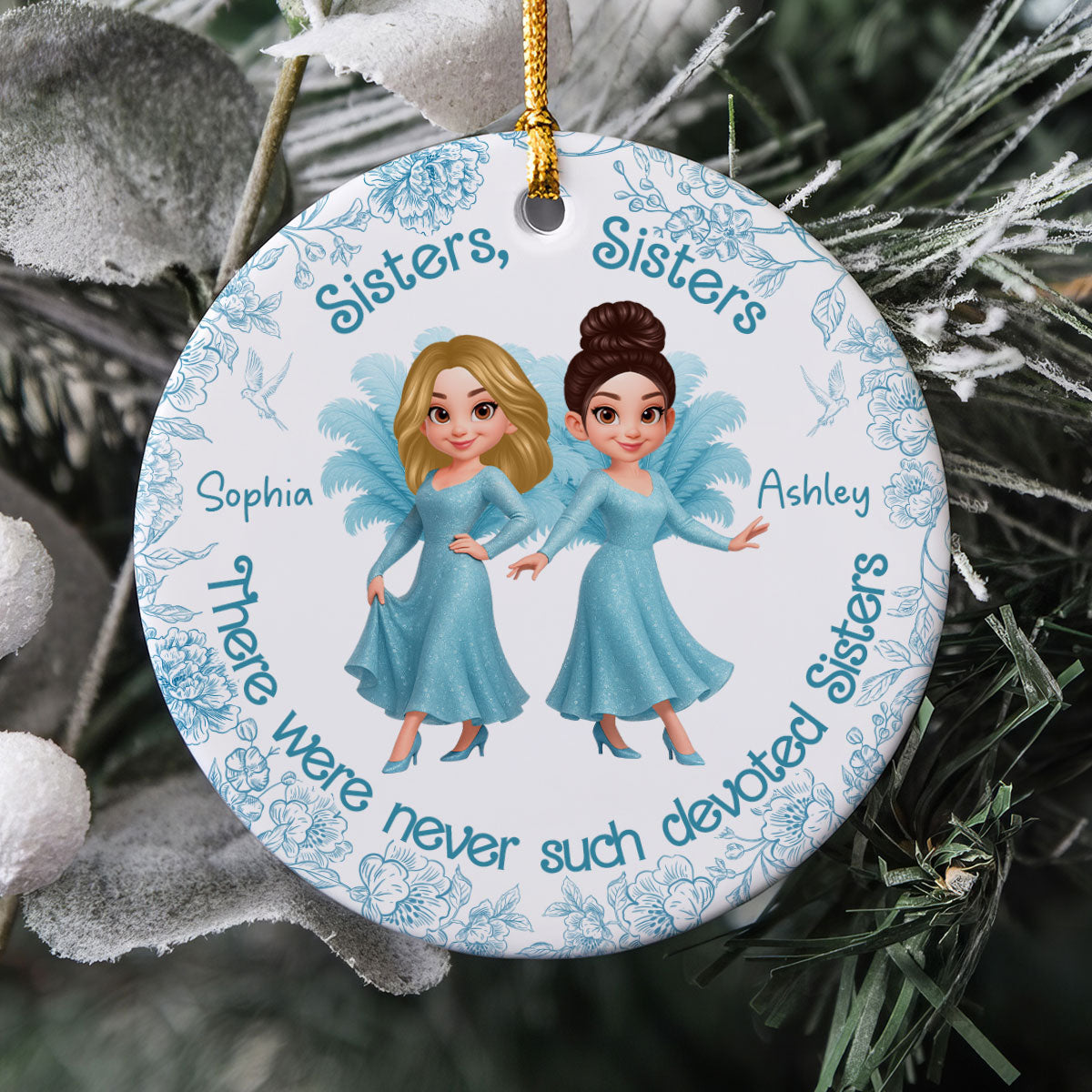 Sisters Sisters Besties in Blue Dresses Personalized Circle Ceramic Ornament
