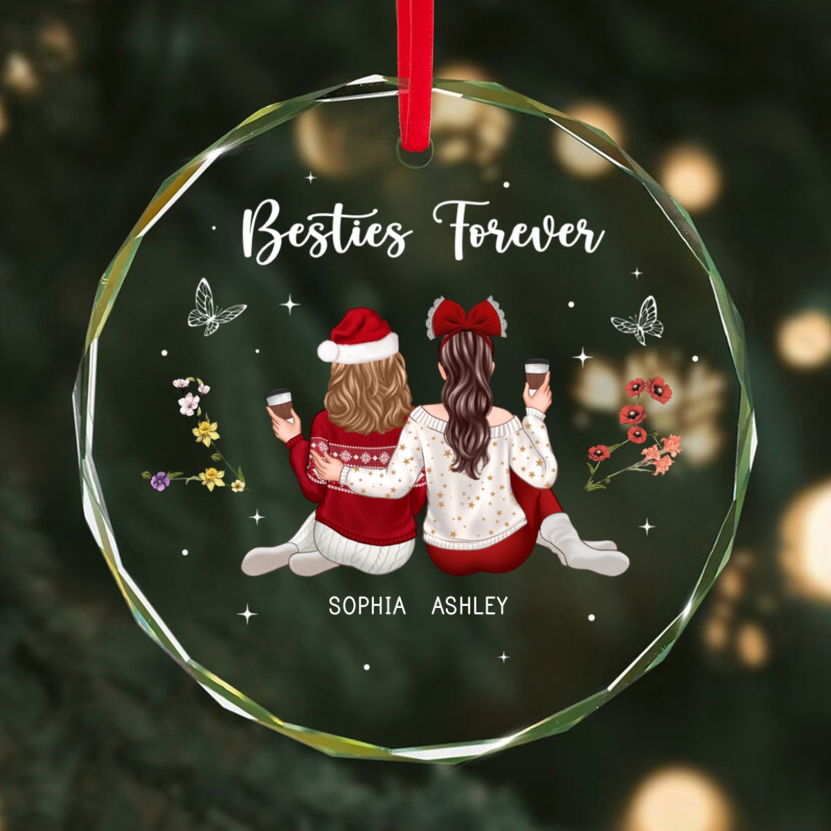 Besties Sisters Sitting Back View Zodiac Sign Birth Month Flowers Personalized Glass Ornament