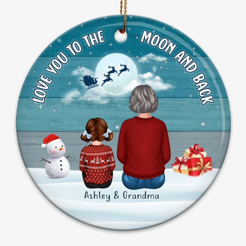 Blue Palette Moon Grandma & Grandkids Back View Personalized Circle Ornament