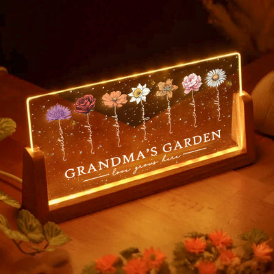 Grandma's Garden Love Grows Here Birthmonth Flowers Personalized U-Base Acrylic LED Night Light, Grandkids Names Floral Gift