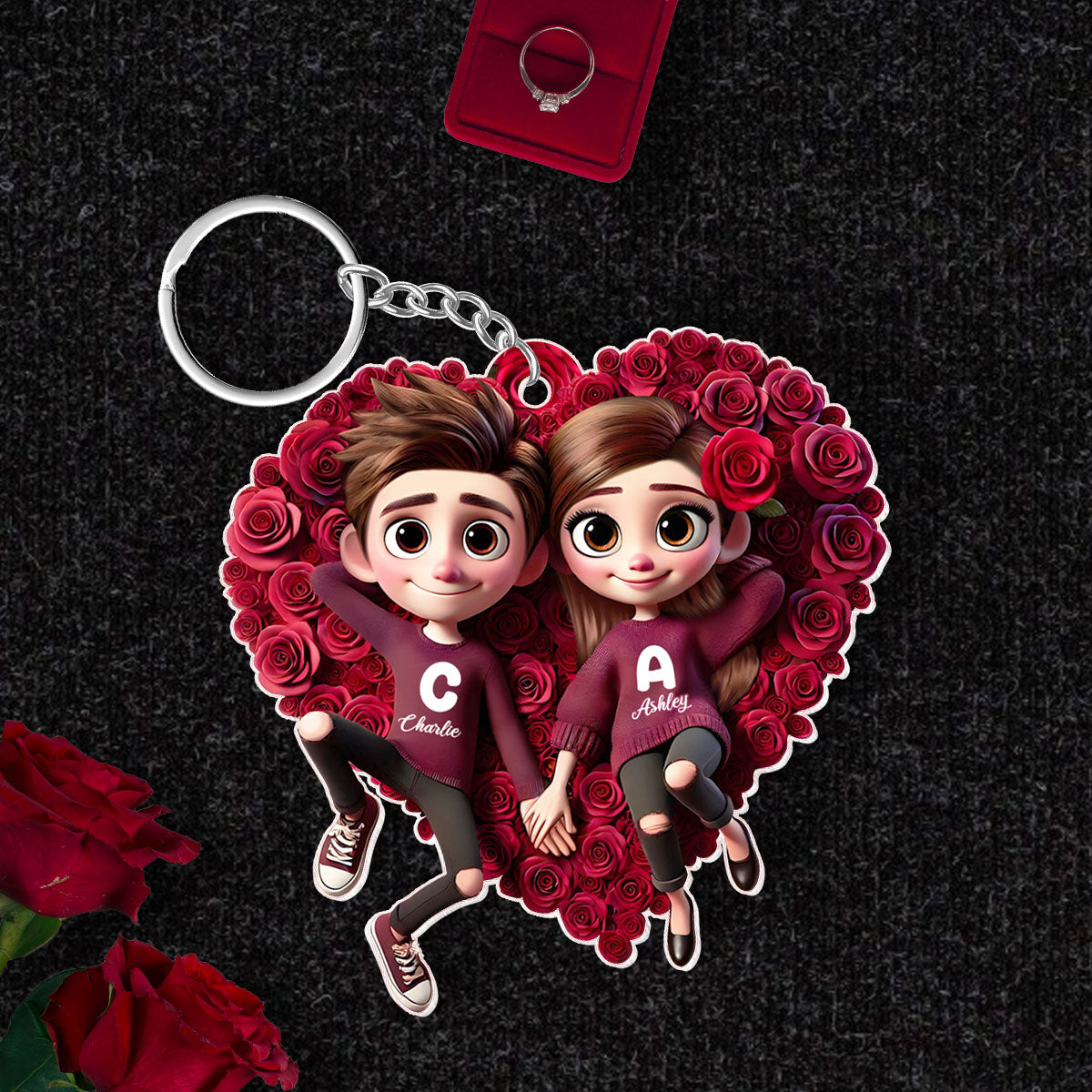 Rose Heart Couple Personalized Acrylic Keychain,  Gift for her, Gift for him