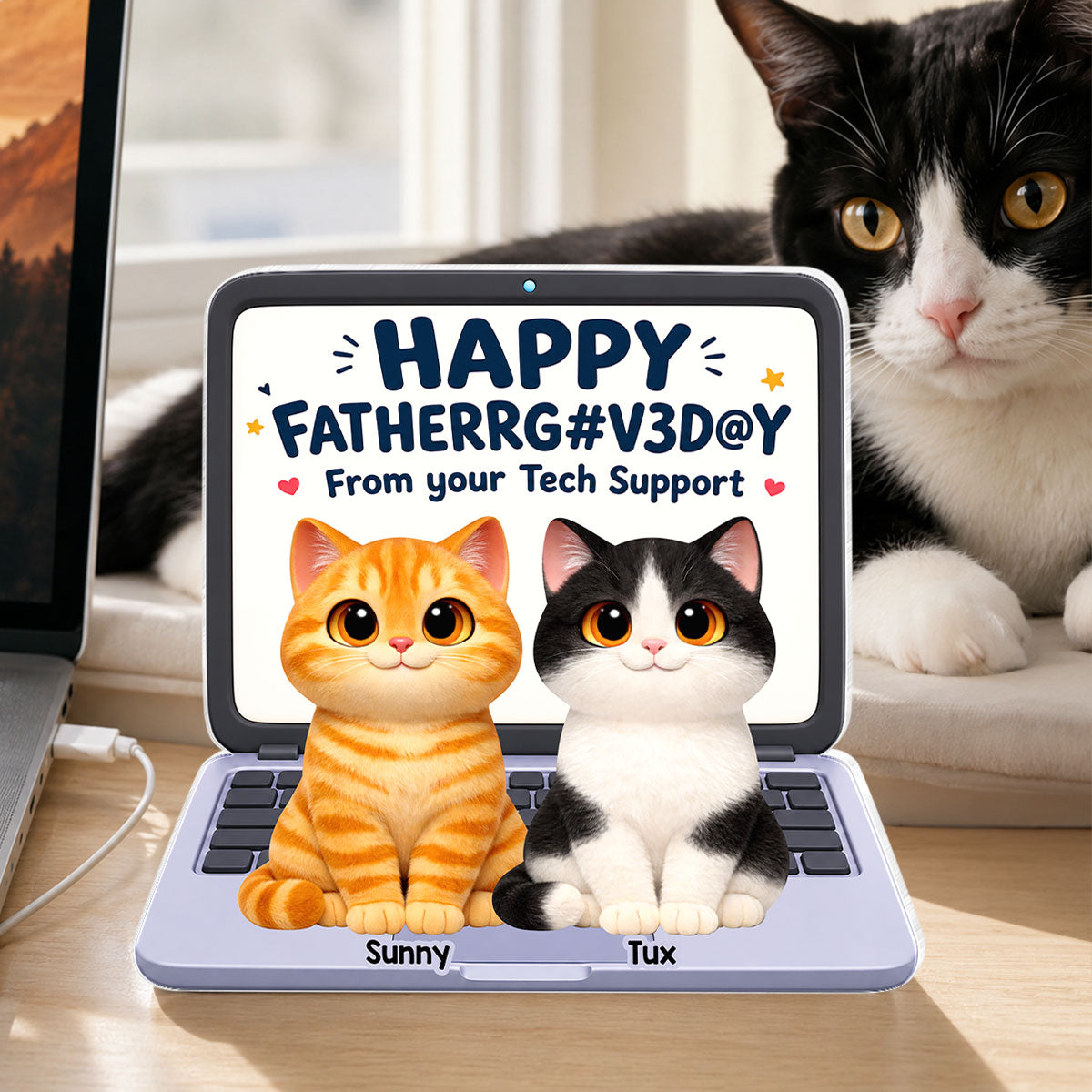 Cute Fluffy Cats Happy Father's Day From Tech Support 2D Flat - Personalized Acrylic Block Plaque - Funny Father's Day Gift For Cat Dad, Cat Lovers