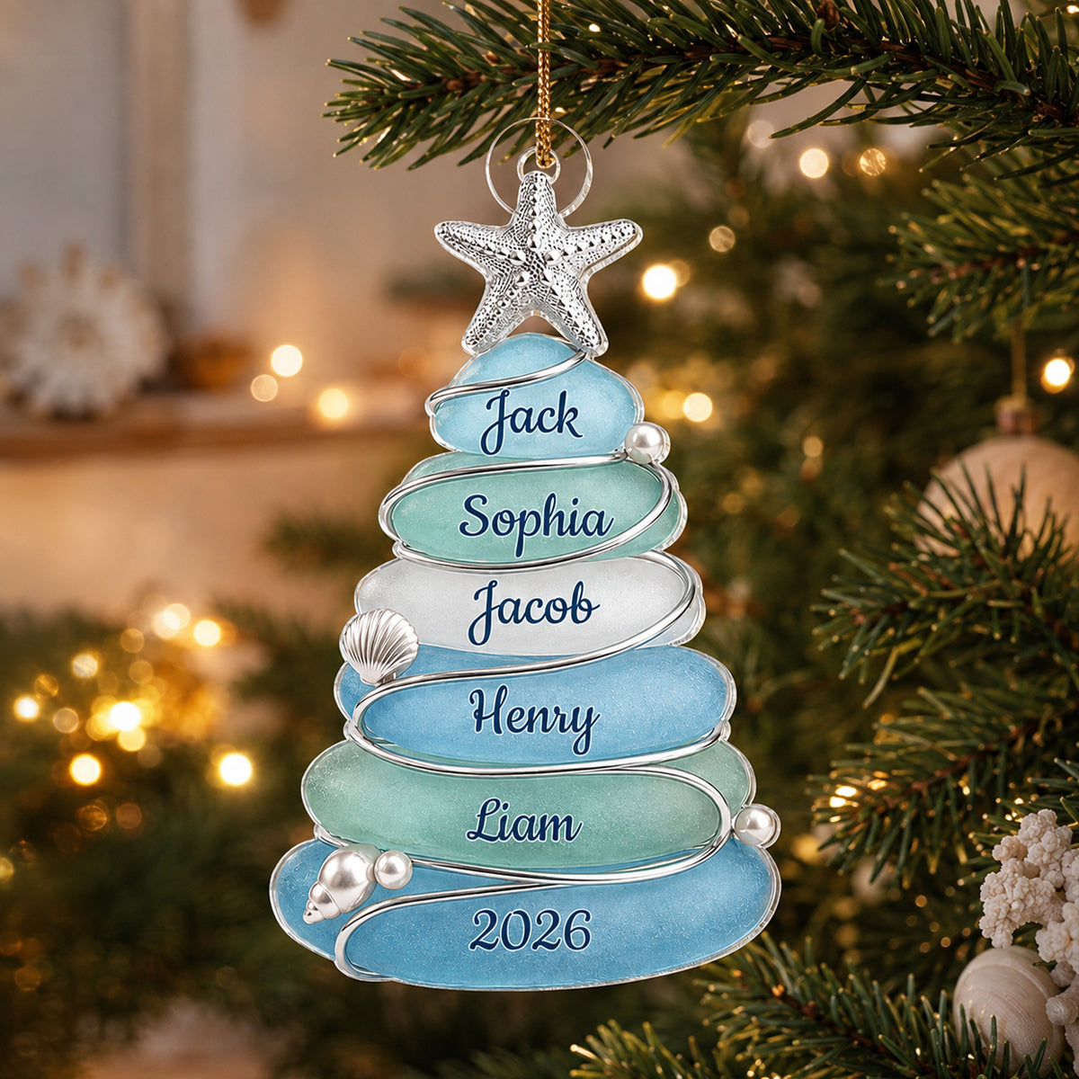 Custom Sea Glass Tree - Personalized Acrylic Ornament - Beach Family Christmas Decor