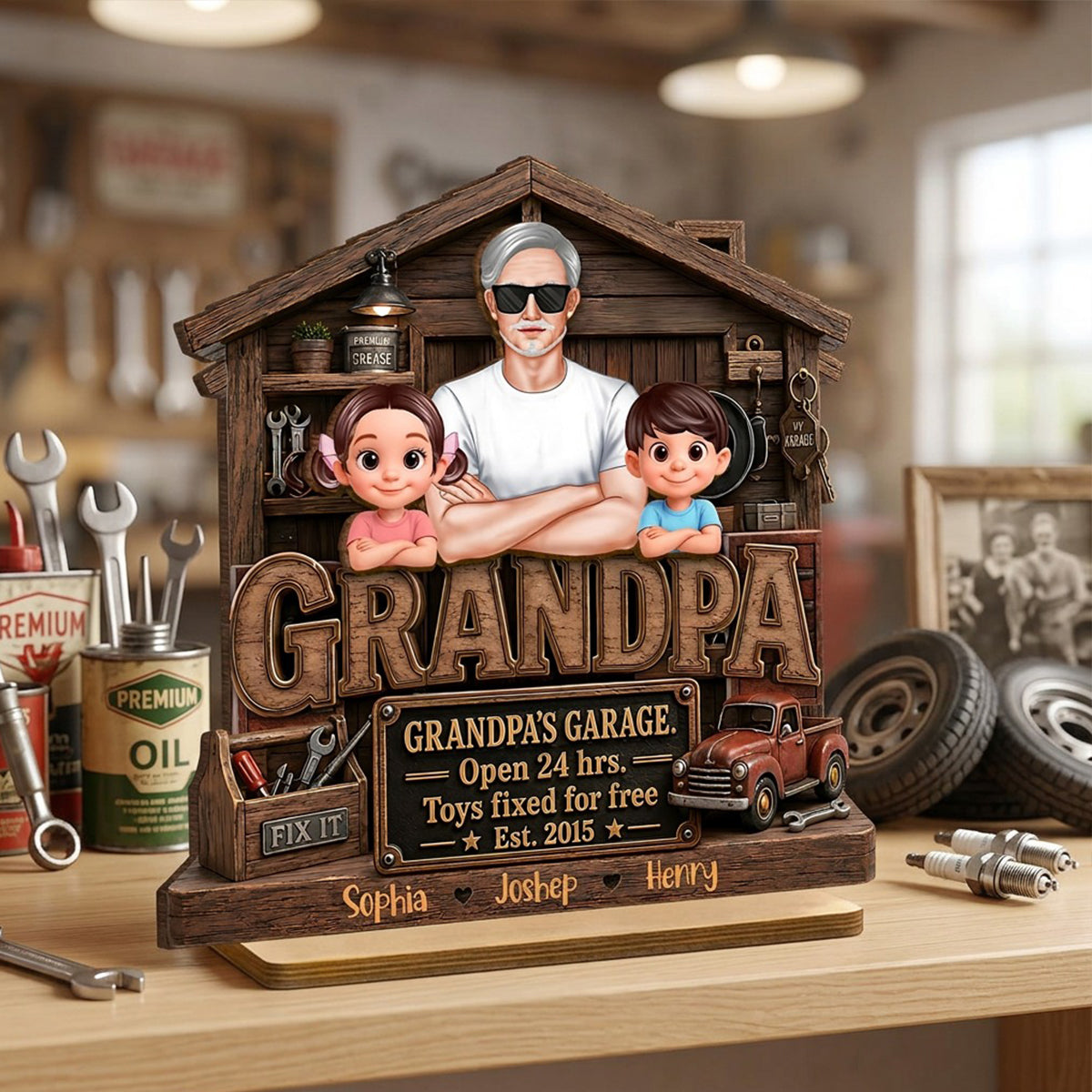 Grandpa's Garage - Personalized 2-Layered Wooden Plaque - Father's Day Gift for Dad, Grandpa, Husband