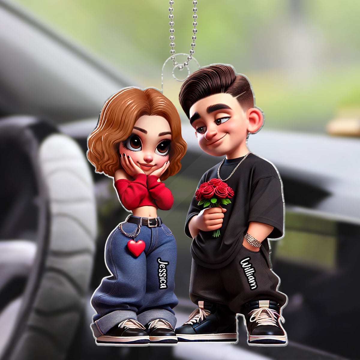 3D Effect Y2K Couple Personalized Acrylic Car Hanger,  Gift For Couple, For Him, For Her