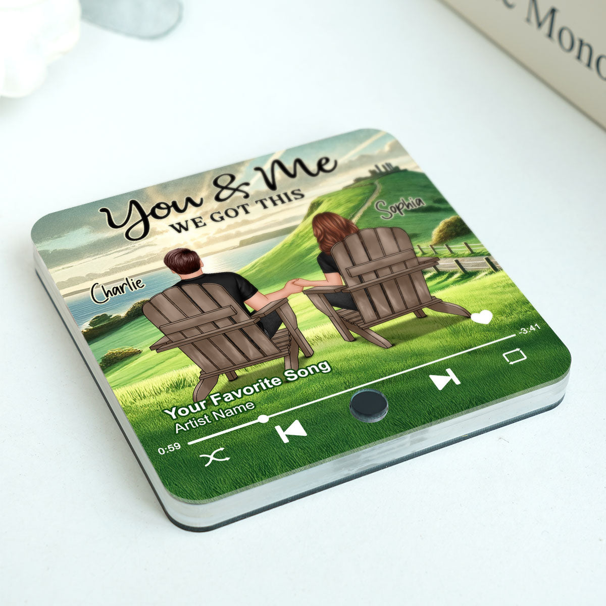 Back View Couple Sitting On Grass Hill Personalized Music Fridge Magnet, Heartfelt Gift For Couple, For Him, For Her