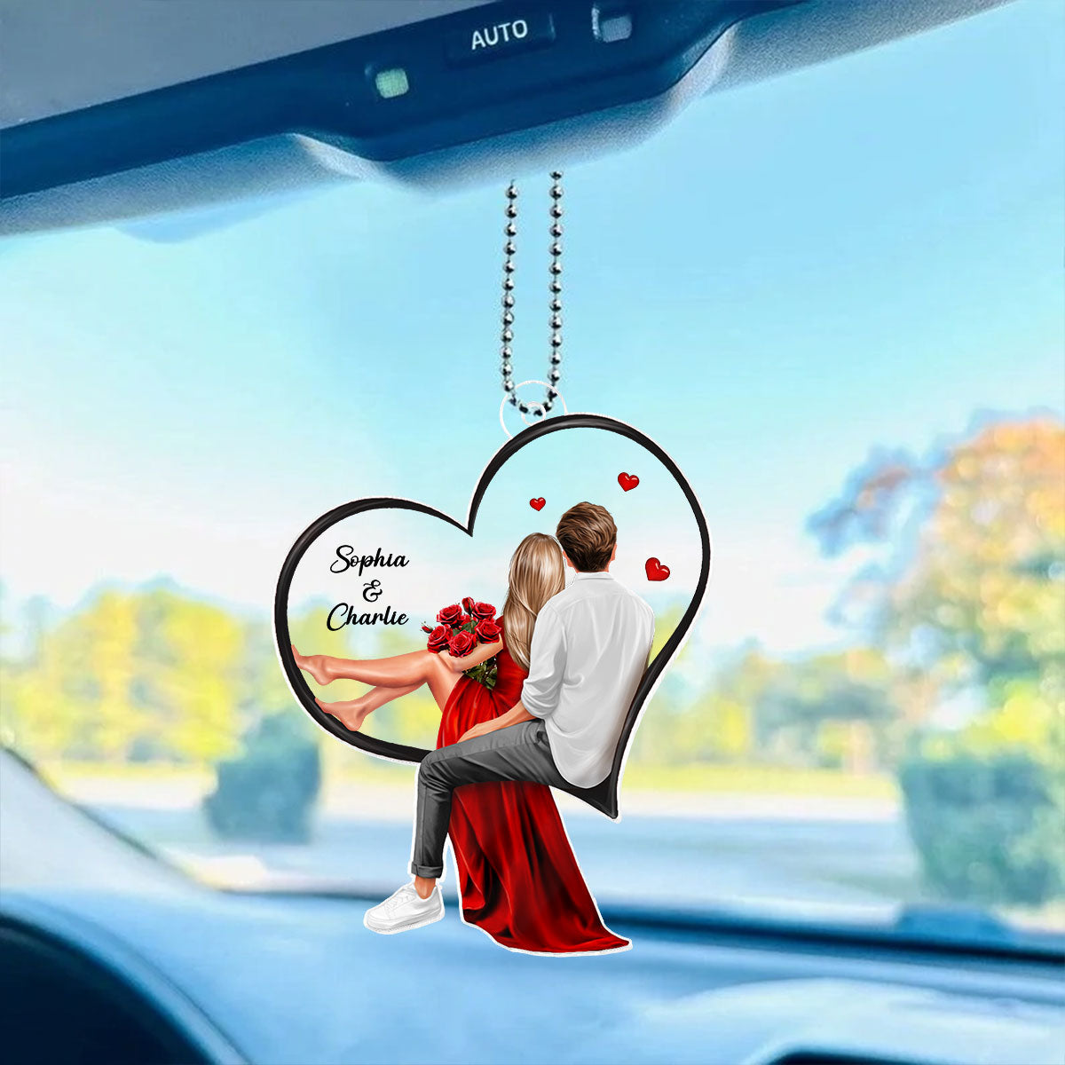 Couple Sitting On Heart Personalized Acrylic Car Hanger,  Gift, Anniversary Gift for Couples