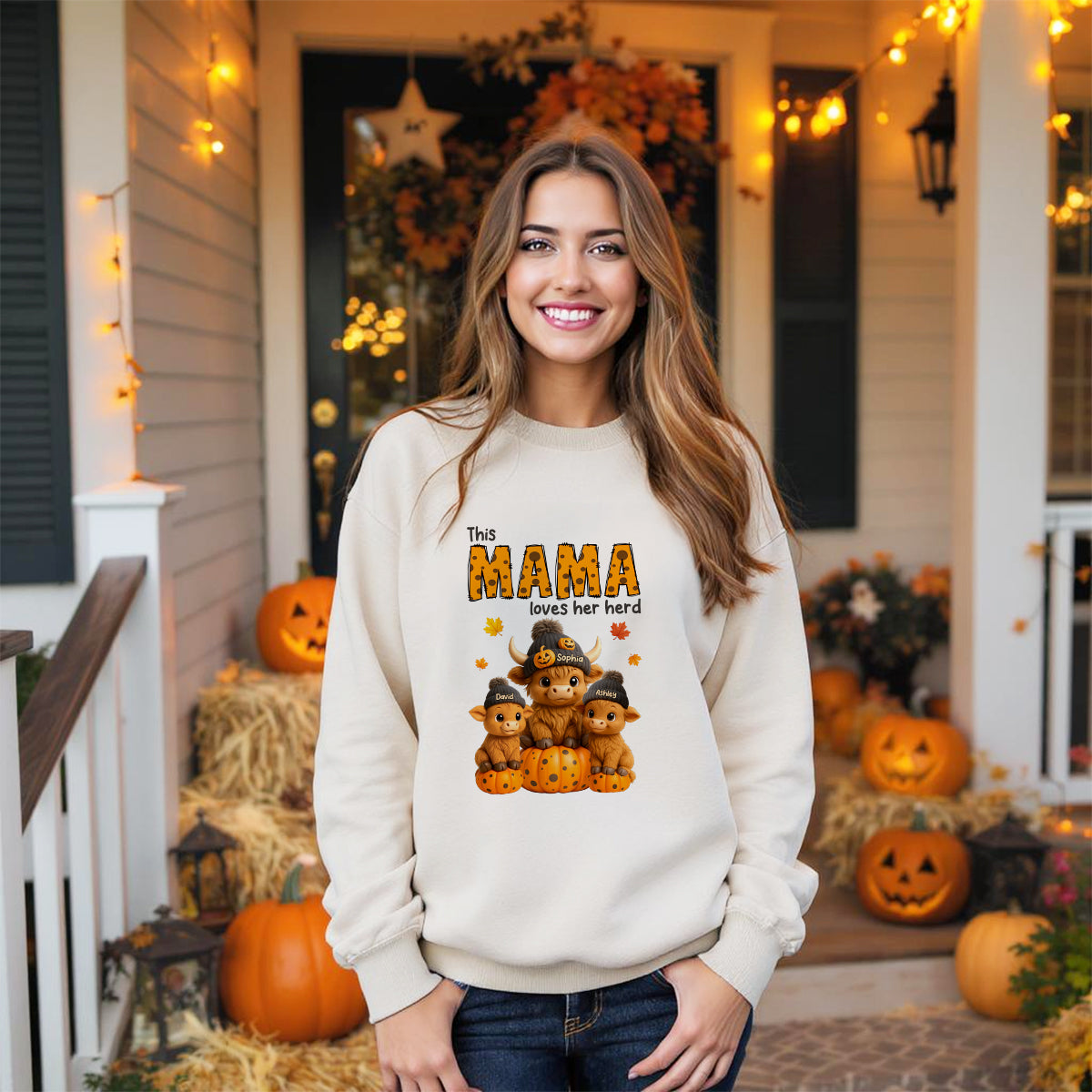 This Mama Loves Her Herd Cute Highland Cow Pumpkin Personalized Sweatshirt, Fall Sweatshirt for Mom Grandma