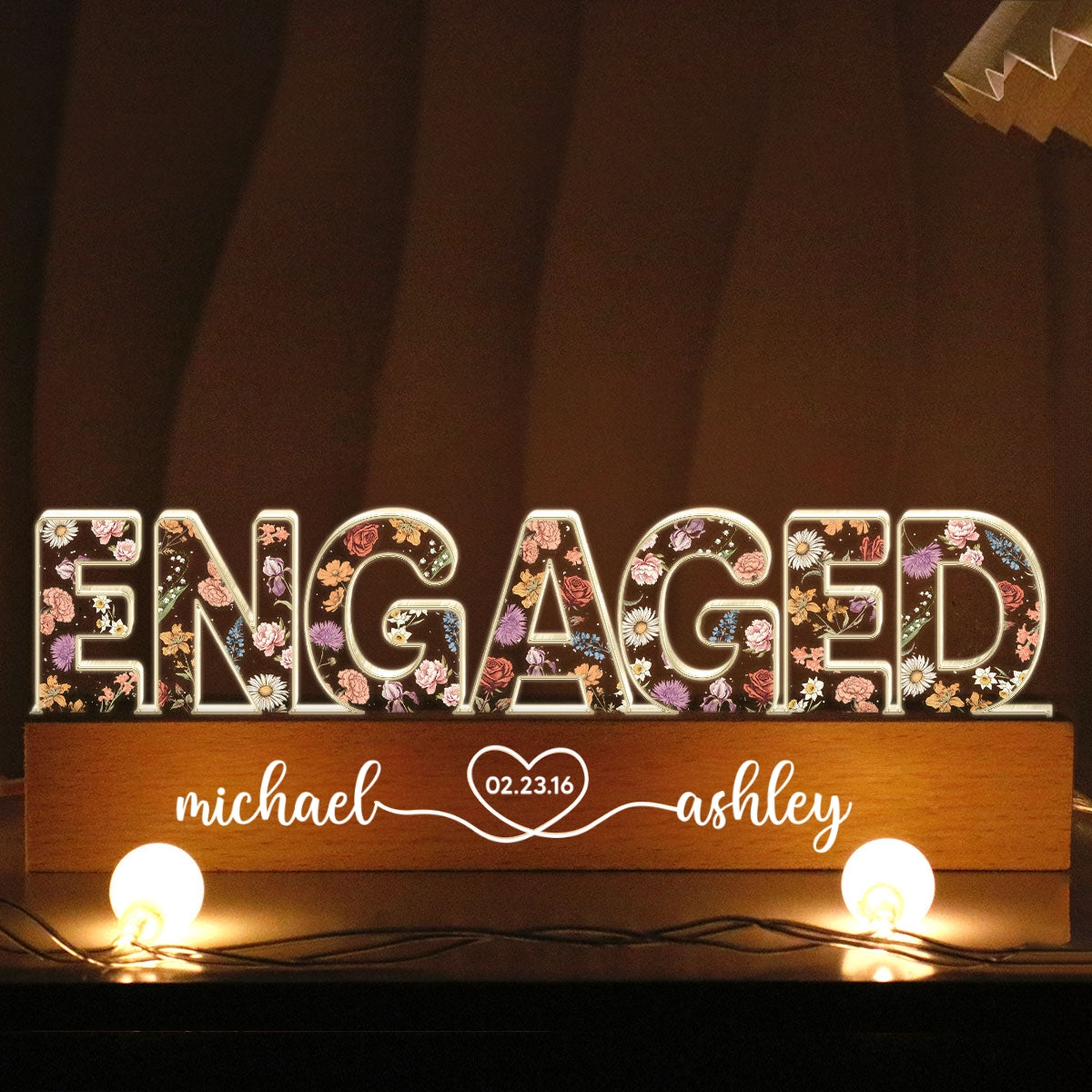 Personalized Couple Engagement Floral Theme Anniversary Gift Acrylic Block LED Night Light, Heartfelt 2025  Gift, For Him, For Her, For Husband, For Wife