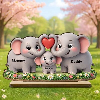 Elephant Mom Dad Family - Personalized 2-Layered Wooden Plaque - Heartfelt Mother's Day Gift for Mom