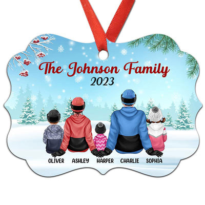 Winter Family Sitting In Snow Berry Branch Personalized Christmas Ornament