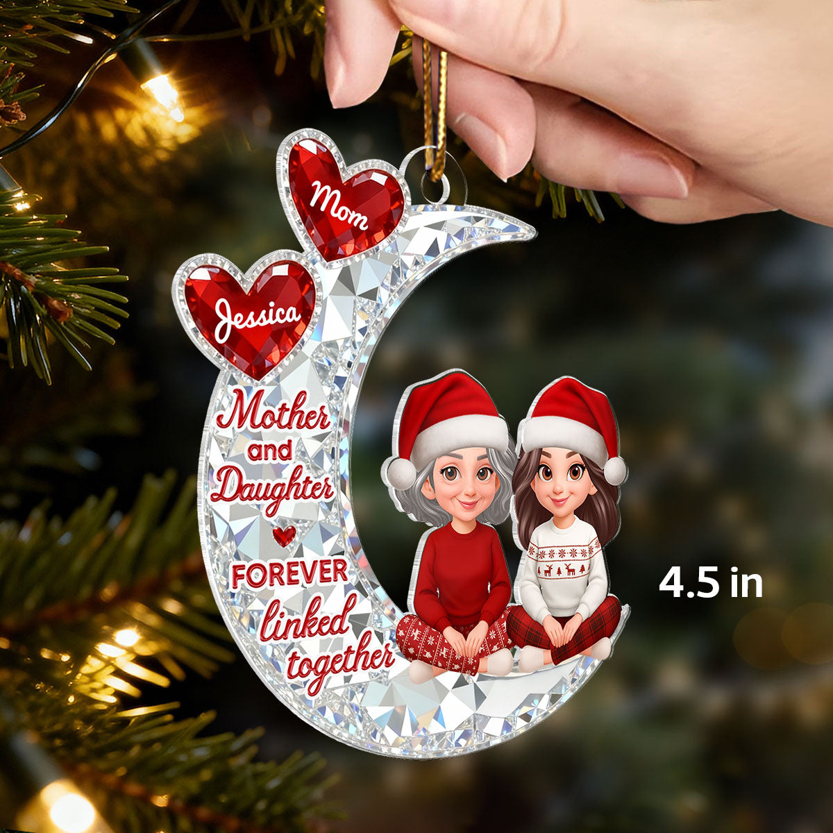 3D Effect Flat Mom And Daughter Son Sitting On Moon - Personalized Acrylic Ornament - Gift For Mom, Daughter, Son