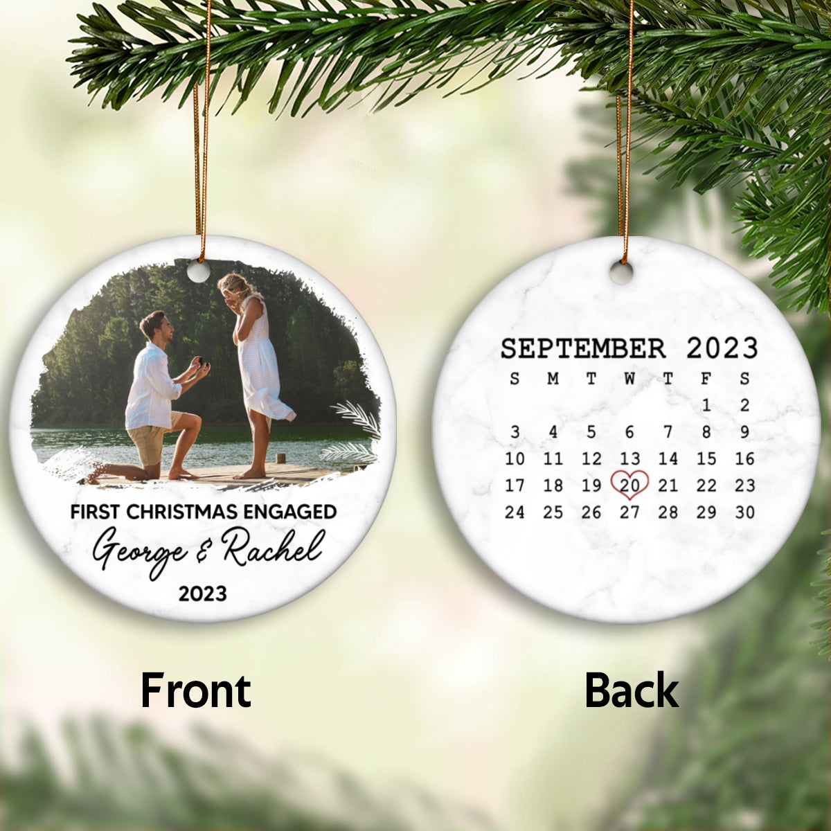 Our First Christmas Engaged Ornament, Custom Photo Ornament Calendar Christmas Gift for Couple, Engagement Gifts Personalized 2-Sided Circle Ornament