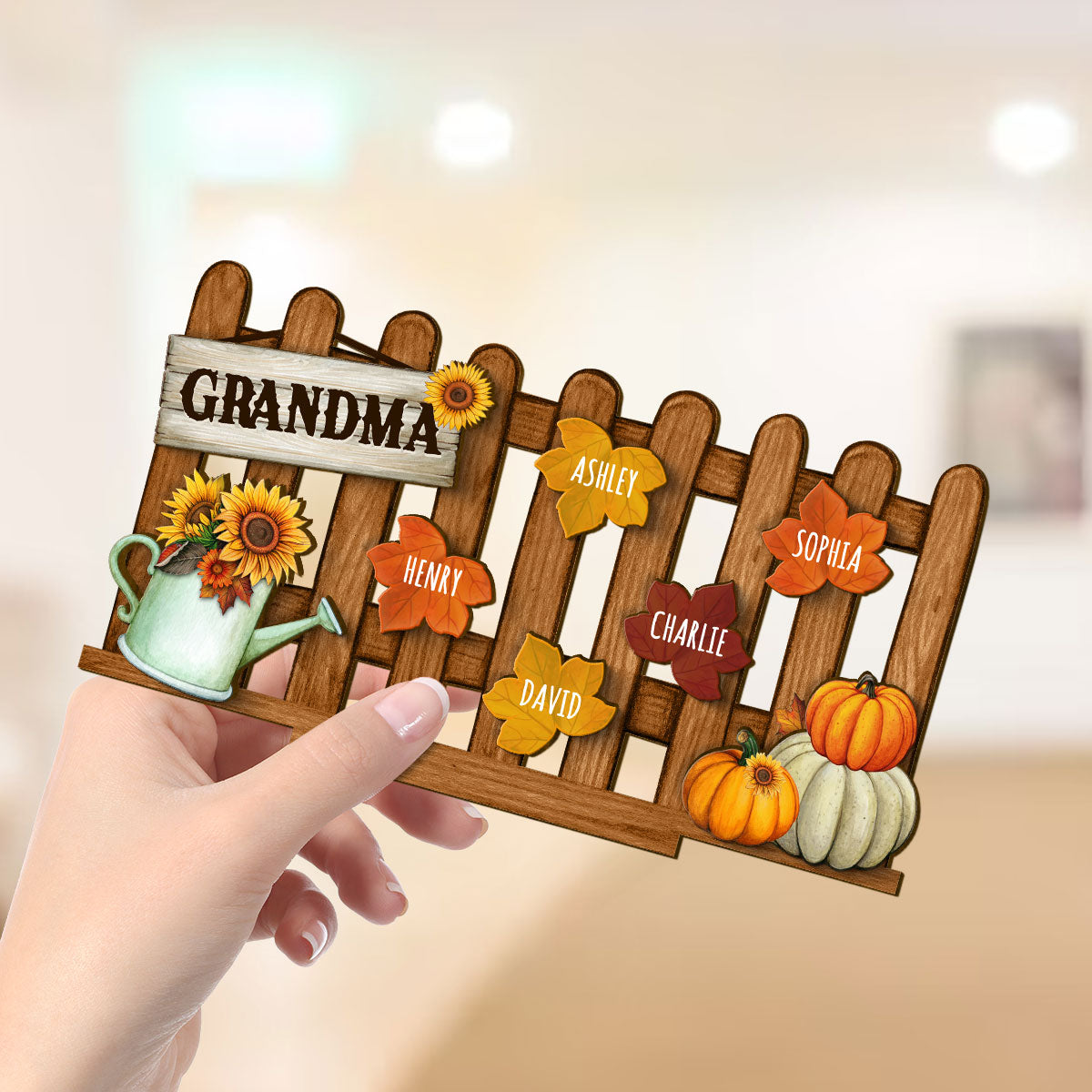 Grandma Mom Fall Leaves On Fence Personalized 2-Layer Standing Wooden Plaque, Fall Season Decor