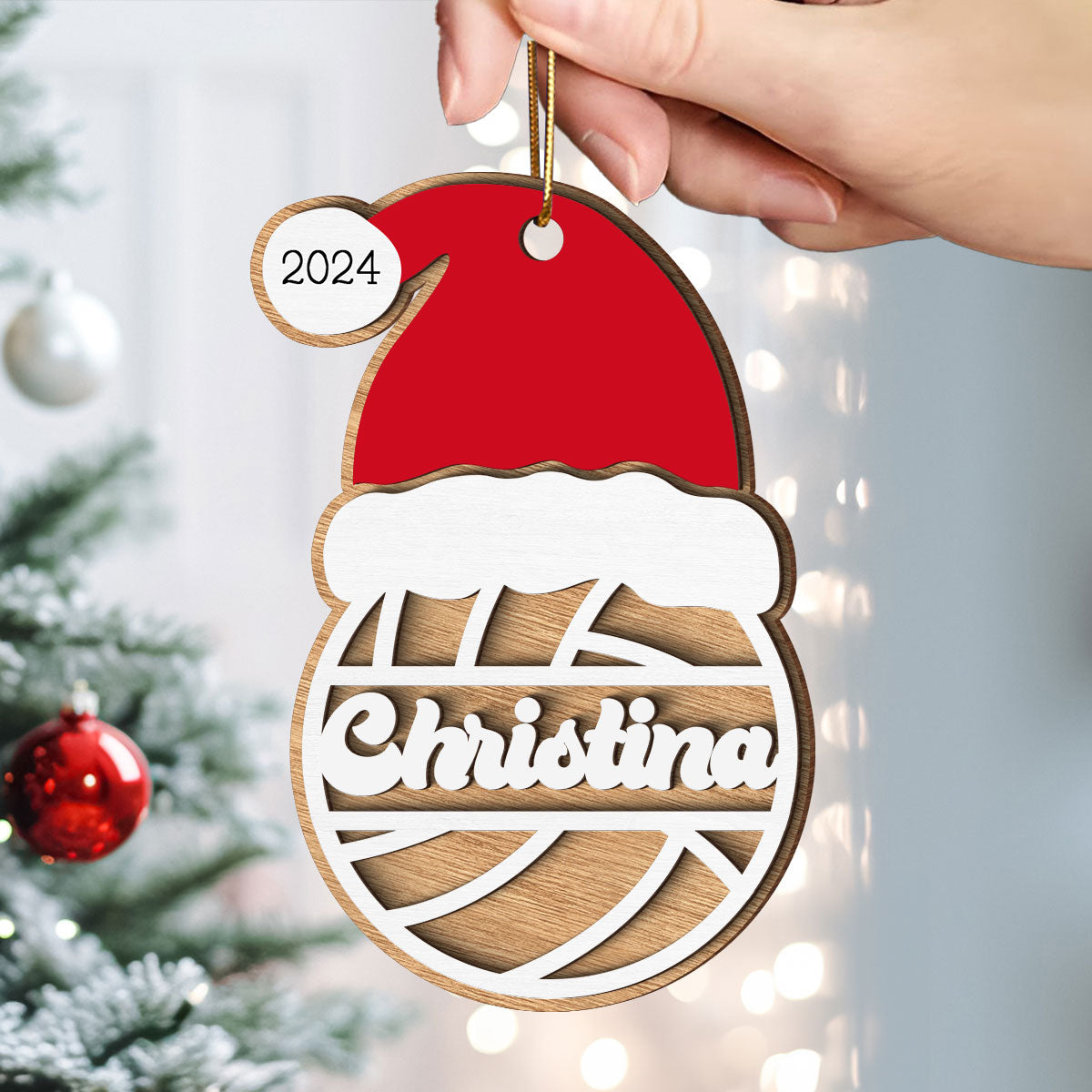 Sports Santa Hat With Name 2-Layered Wooden Ornament, Personalized Football Baseball Volleyball Basketball Soccer Ornament, Unique Christmas Gift For Kids