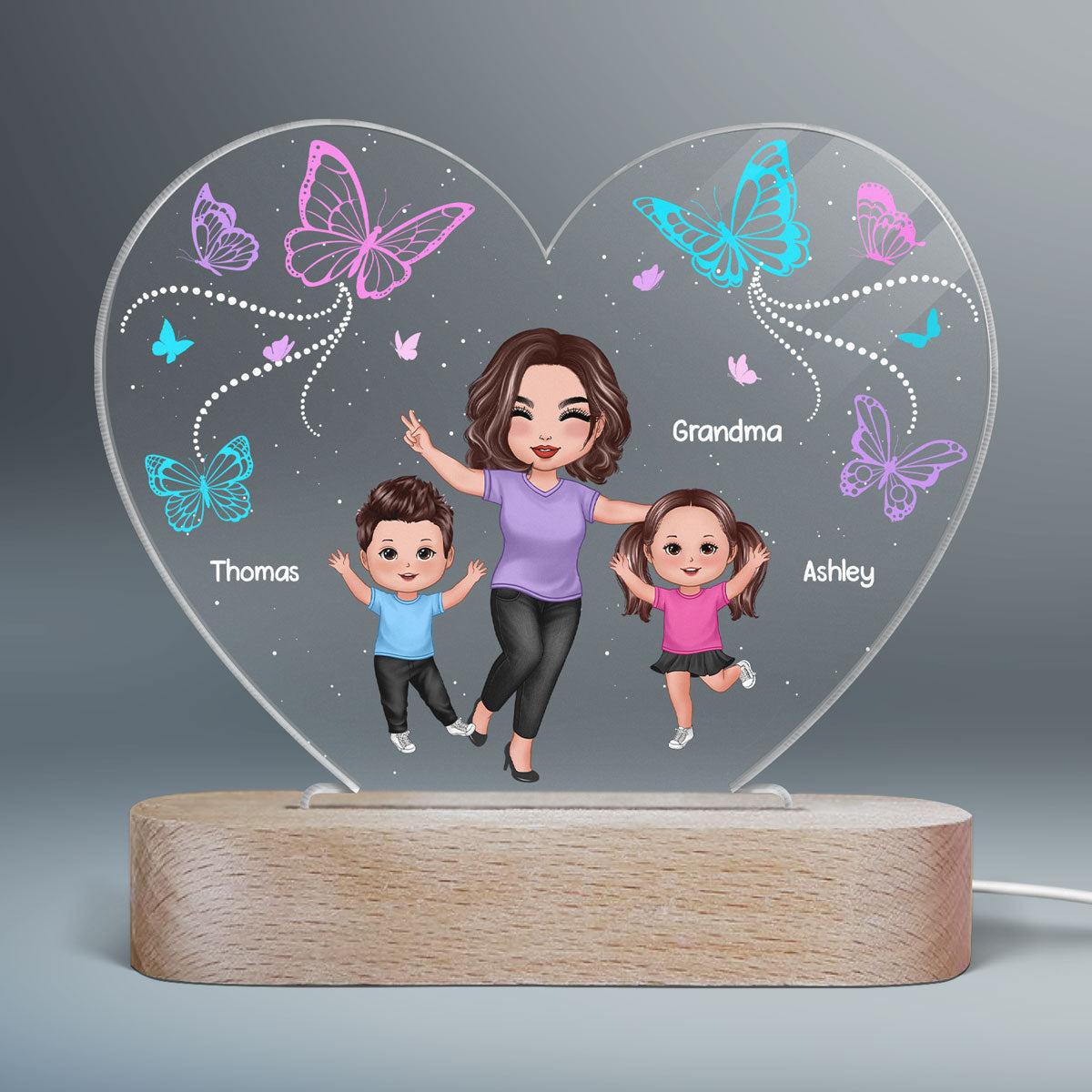 Butterflies Happy Doll Grandma Mom And Kids Personalized Heart Acrylic Plaque Warm LED Night Light