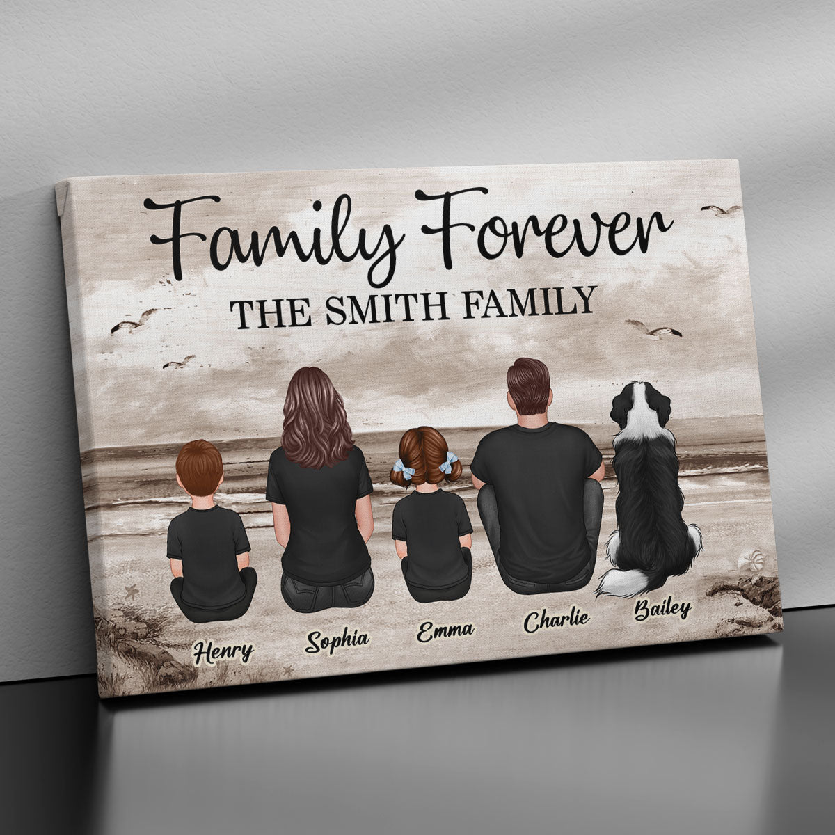 Retro Vintage Family Sitting Beach Landscape Personalized Canvas, Gift For Husband, Wife, Dad, Mom